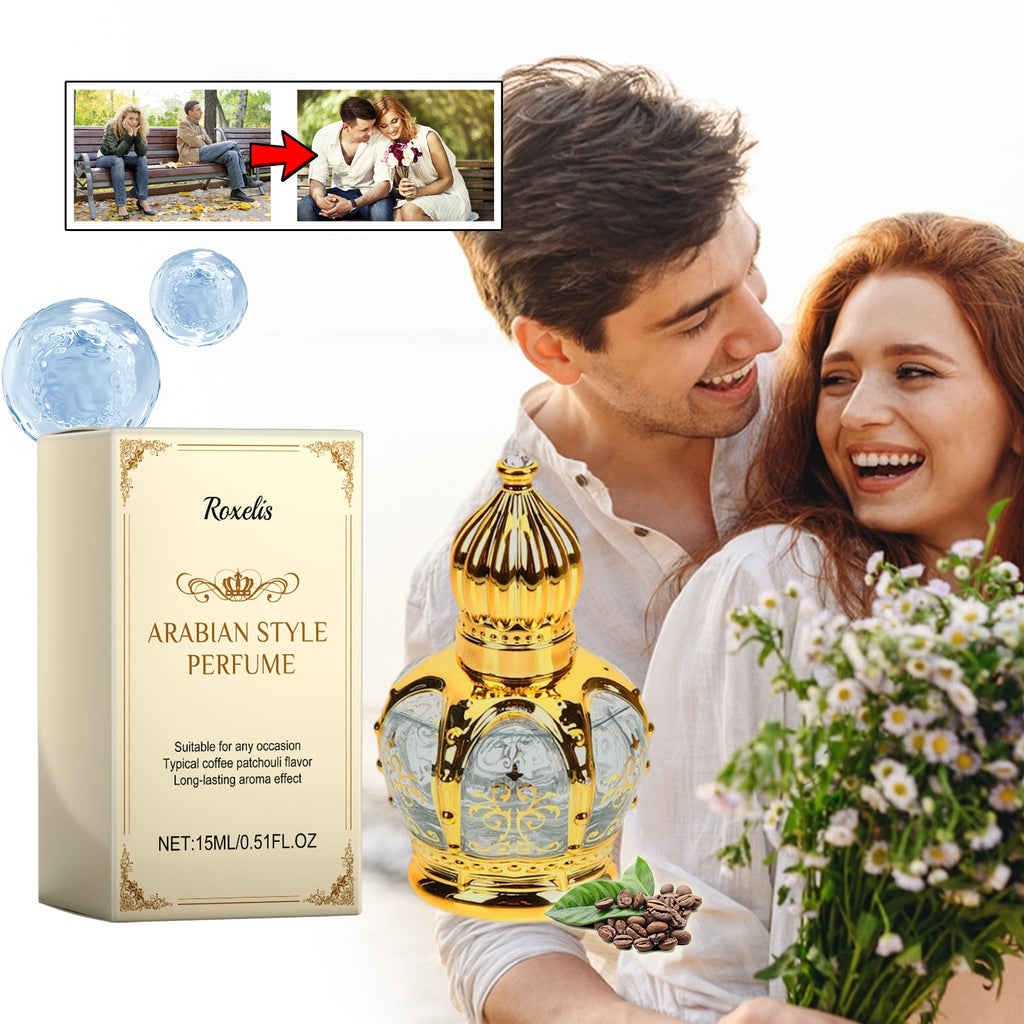American Smart Roxelis Patchouli Coffee fragrance bottle, showcasing a light, elegant perfume with fresh, lingering scent for a charming atmosphere.