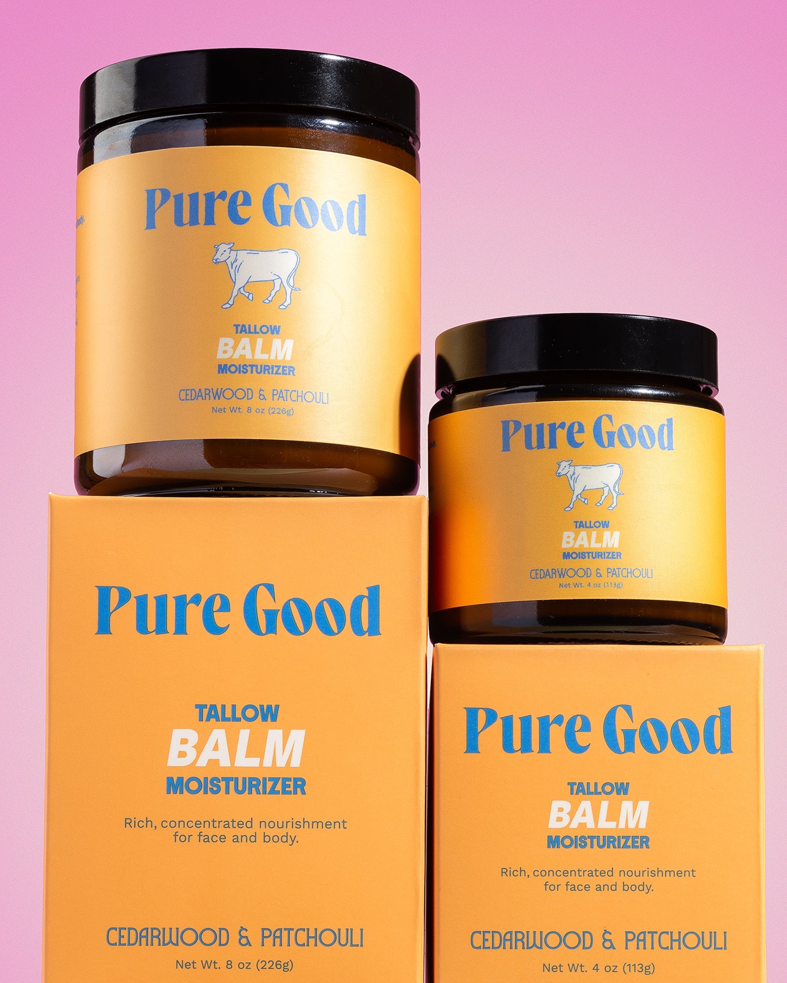 Cedarwood and patchouli tallow balm by Pure Good LLC, showing two sizes of the firming and balancing skincare product in boxes.