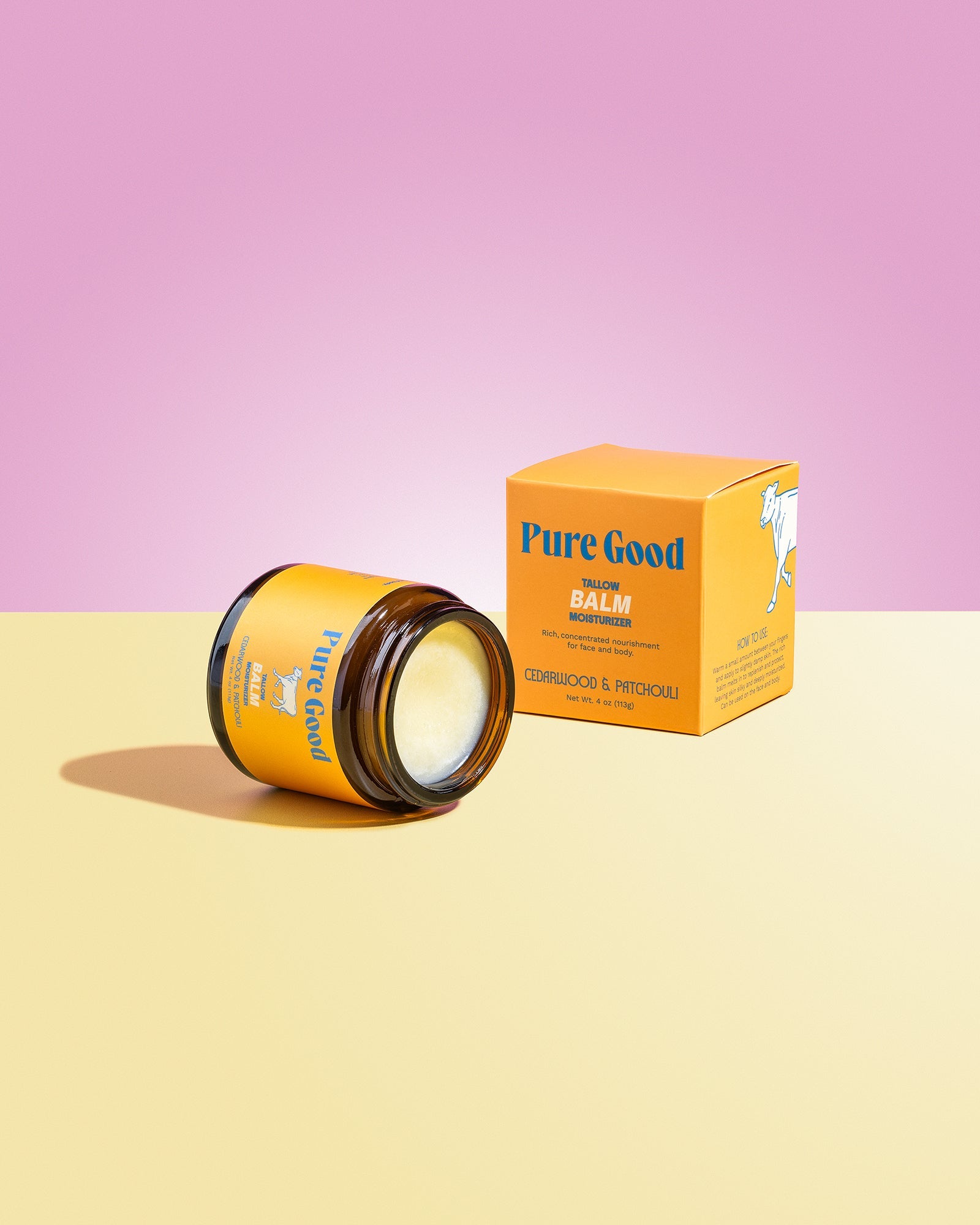 Cedarwood and patchouli tallow balm by Pure Good LLC in a 4oz jar, featuring a natural, firming, and balancing skincare formulation.