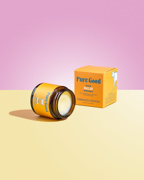 Cedarwood and patchouli tallow balm by Pure Good LLC in a 4oz jar, featuring a natural, firming, and balancing skincare formulation.
