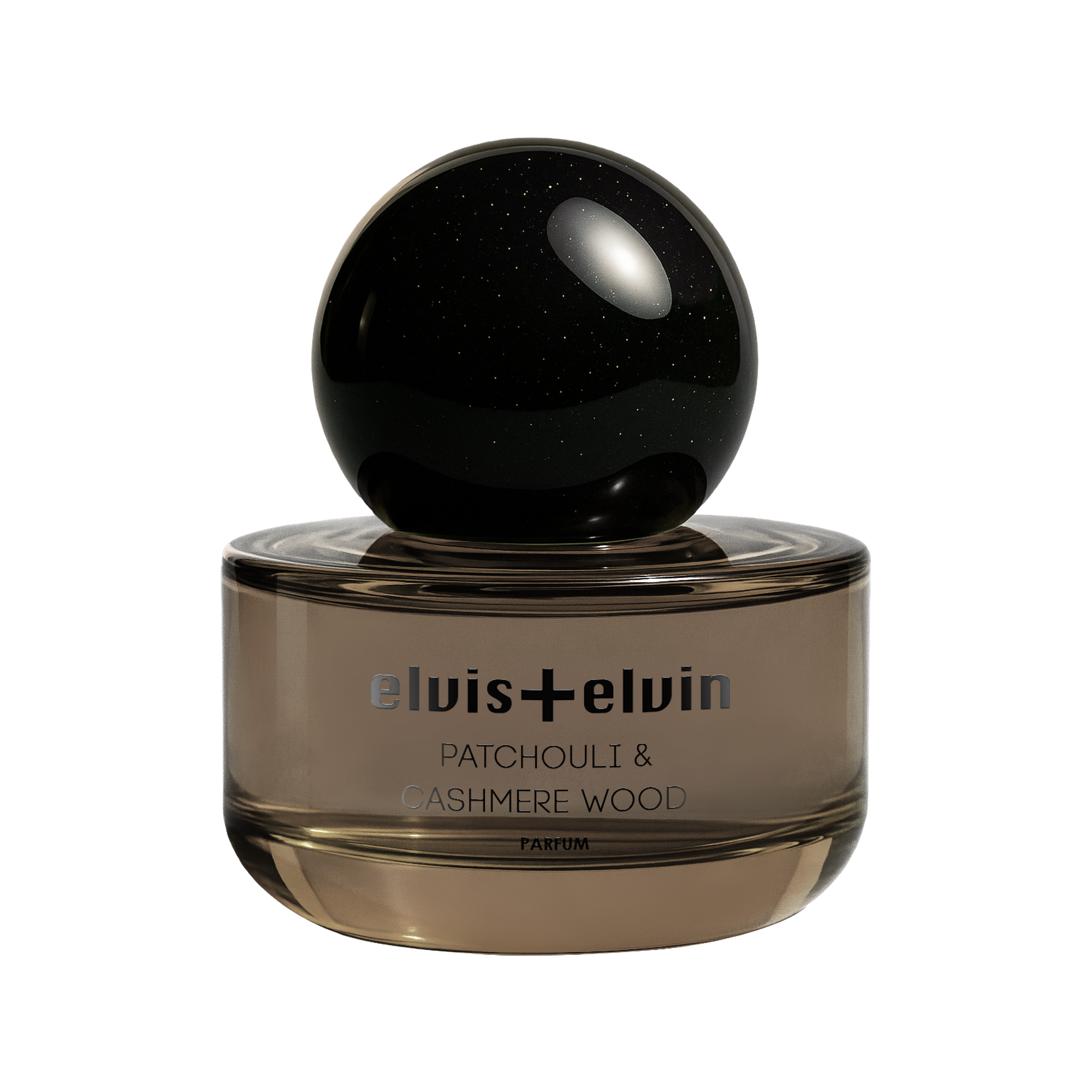 Elvis+Elvin Patchouli & Cashmere Wood Parfum bottle with elegant packaging, showcasing a luxurious fragrance for women and men.