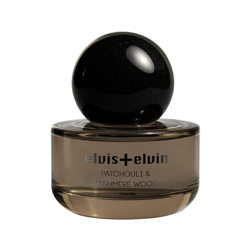 Elvis+Elvin Patchouli & Cashmere Wood Parfum bottle with elegant packaging, showcasing a luxurious fragrance for women and men.