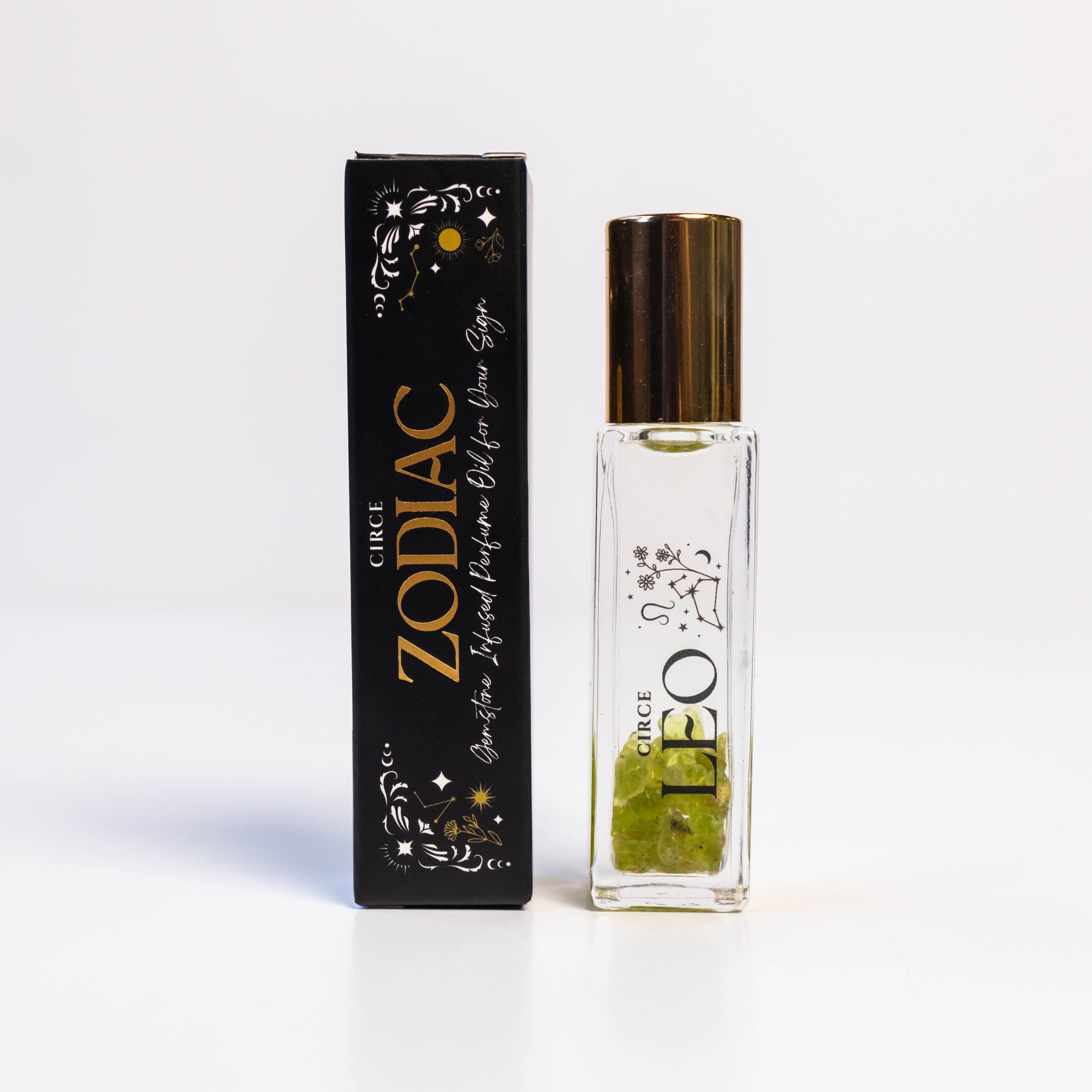 Circe Boutique Zodiac Perfume Oil Set with 12 gemstone-infused scents, featuring elegant bottles and vibrant zodiac-themed packaging.